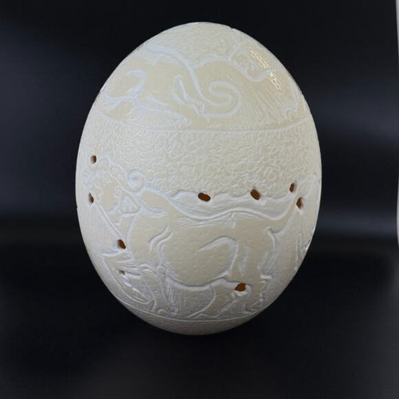 Hand Carved Ostrich Egg Rhino Elephant Water Buffalo Lion Tiger Signed Vintage